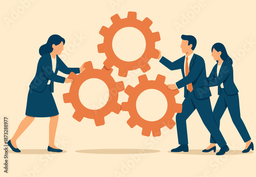 Team or organization, office role or job position or skills to drive company, teamwork or collaboration for success, team effort concept, business people working to rotate connected cogwheels gear.