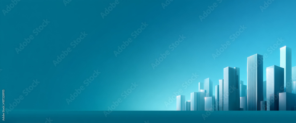 Fototapeta premium Futuristic city skyline with modern high-rise buildings under clear blue sky in minimalist digital art style