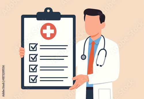 Medical clipboard, prescription or insurance document, health check or doctor diagnosis record, medicine or medicare checklist concept, doctor with stethoscope holding medical clipboard prescription.