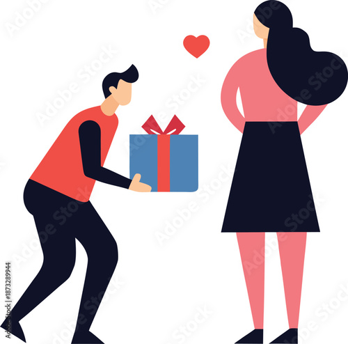 Man presenting gift box to woman with floating heart above them signifying affection and romantic gesture for relationship concepts illustration