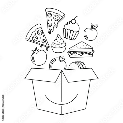 Food Box Delight: A playful illustration showcases a box overflowing with an assortment of favorite food, capturing the joy of simple pleasures and the diversity of taste.