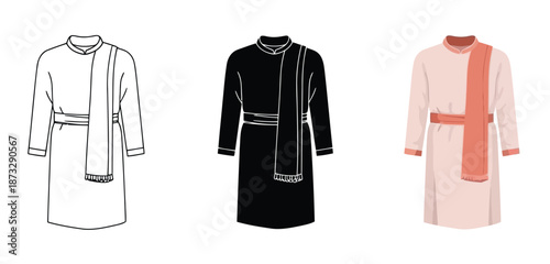 Traditional Robes Illustration Vector Set in Three Styles — Line Art, Silhouette and Color Version for Islamic Design, App UI, Posters and Branding