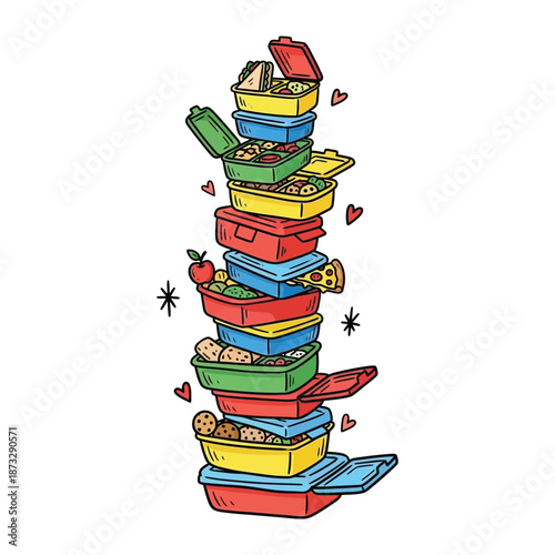 Lunch Box Tower: A colorful illustration showcasing an organized stack of lunch boxes, each filled with assorted lunch, including sandwiches, fruits and more.