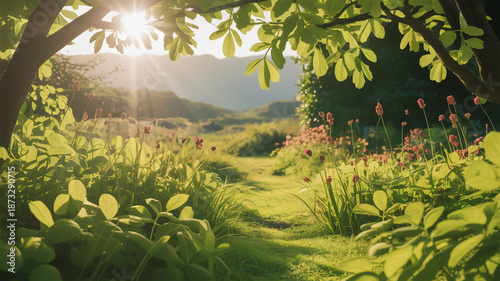 Serene garden pathway with lush greenery and vibrant flowers