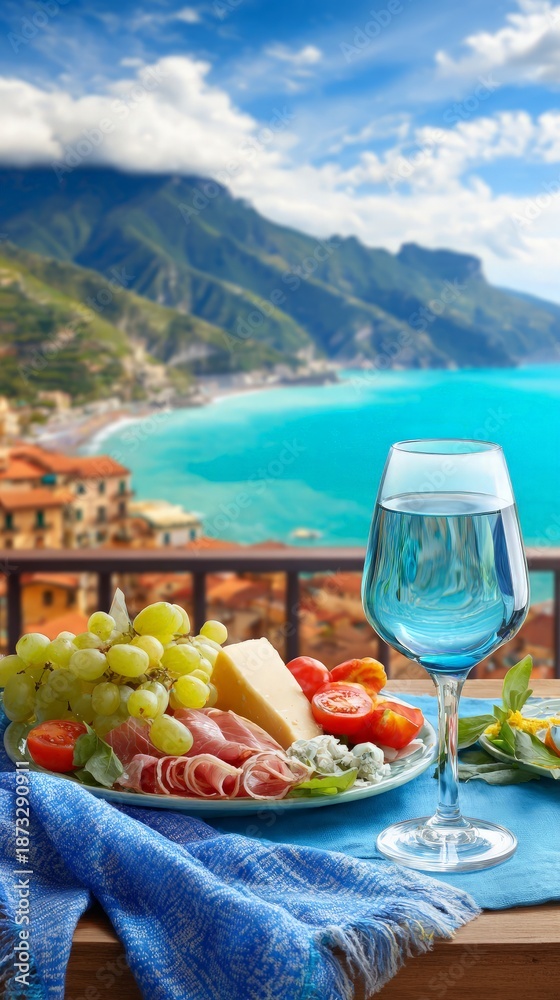 Obraz premium Appetizer plate with cheese, grapes, and cured meats on a table with ocean view