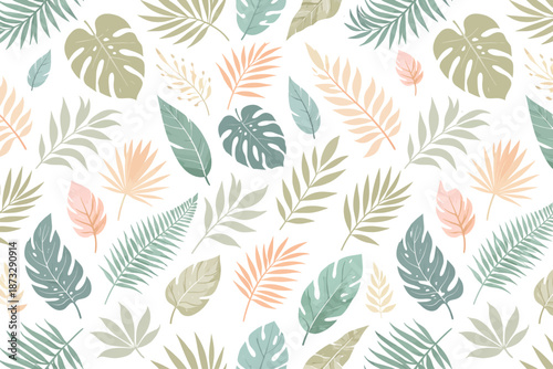 Seamless Tropical Botanical Leaf Pattern in 2d flat Soft Pastel Colors