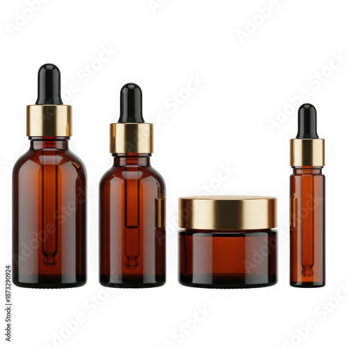 Set of amber glass bottles and jars isolated on transparent background isolated on transparent background