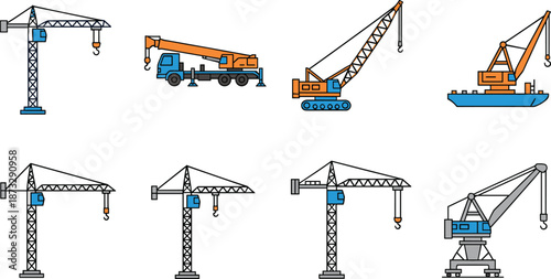 Construction crane types illustration with tower, mobile, crawler, gantry, and floating cranes in stylized engineering layout