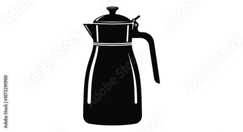 A simple black and white depiction of a classic coffee pot in a bold silhouette