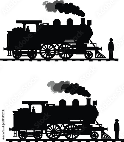 Silhouette steam locomotive with person, vintage train illustration, abstract distortion effect, transportation history, black vector art, retro style design