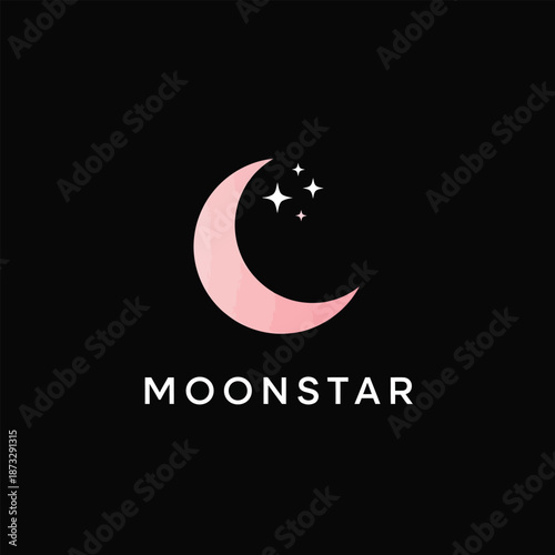 Vector illustration icon pink crescent moon logo with stars and moonstar text on black background