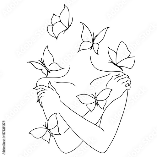 A girl hugs herself with one line, butterflies fly around. Mother's Day. Spring. Self-love.