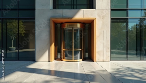 Modern revolving door on stone business tower facade. Glass walls reflect trees and sky. Sunlight creates shadows on paved area outside building.