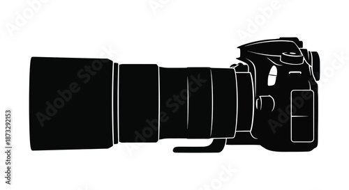A striking black silhouette of a professional dslr camera with a long zoom lens silhouette