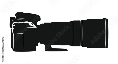 A striking black silhouette of a professional dslr camera with a large telephoto lens silhouette