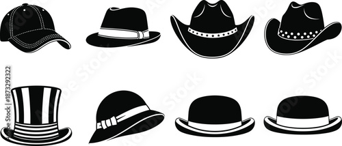 Silhouettes of eight classic hat styles including cowboy, fedora, top hat, cloche, bowler, and baseball cap on dark background