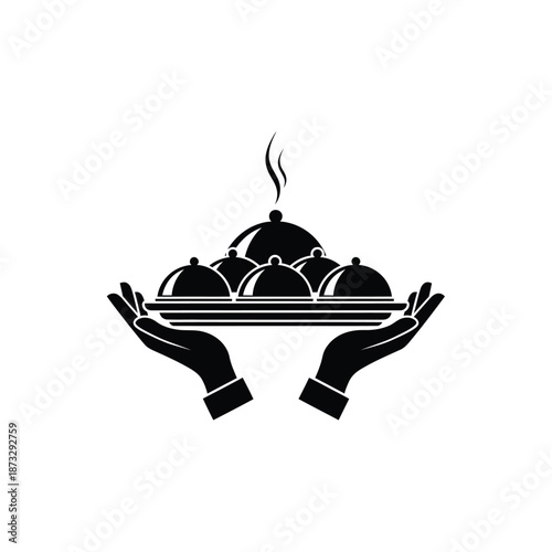 Vector illustration icon black silhouette of hands holding a covered serving dish with steam rising isolated on white background