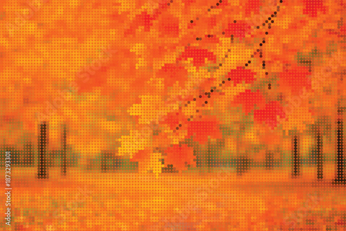 Colorful Autumnal Leaves on a Tree in the Park Halftone Illustration Decor