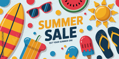 A vibrant summer sale advertisement featuring fun elements like sunglasses, a sun, beach balls, and a surfboard that captures the essence of a joyful summer vibe.