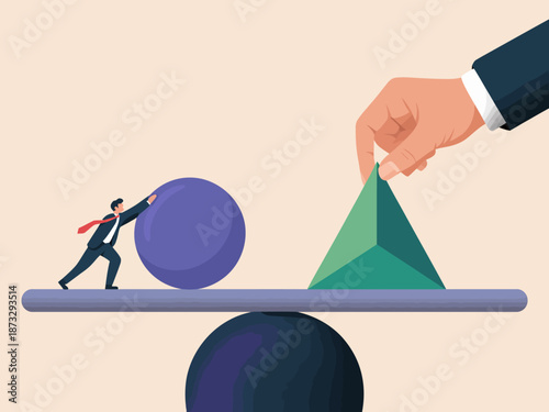 An illustration of a businessman pushing a large sphere while balancing a pyramid-shaped object, symbolizing the struggle of balancing multiple responsibilities in business.