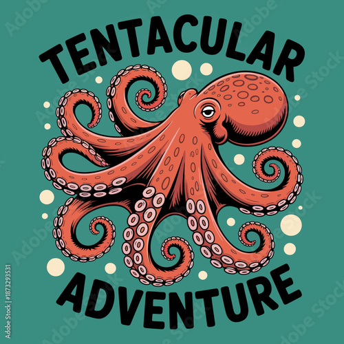 This vibrant illustration features a lively octopus displaying its tentacles, embodying the spirit of ocean exploration, adventure, and marine life richness.