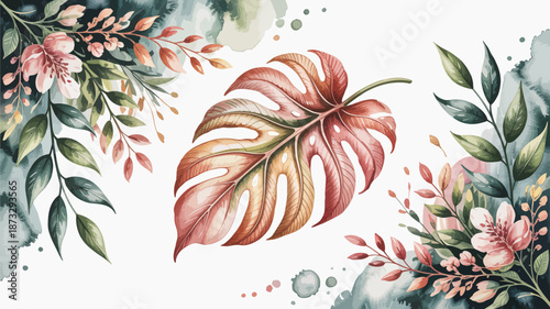 This delicate artwork showcases a beautifully detailed leaf surrounded by soft floral elements, celebrating nature's elegance and tranquility within botanical art.