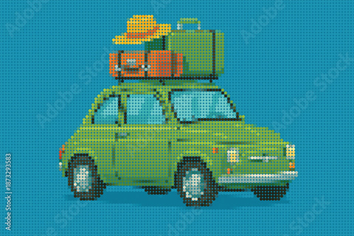Green Vintage Car with Luggage Ready for Summer Holiday Trip Halftone Illustration