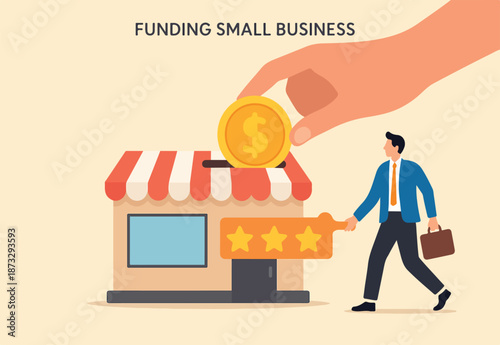 Funding small business, backing startup project or banking loan to start new business, investment or saving to open new shop concept, businessman hand funding by put coin into small business store