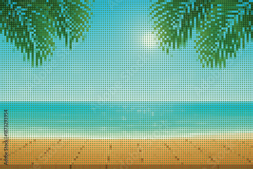 Wooden Table with Seascape and Palm Leaves Bokeh Halftone Illustration Decor