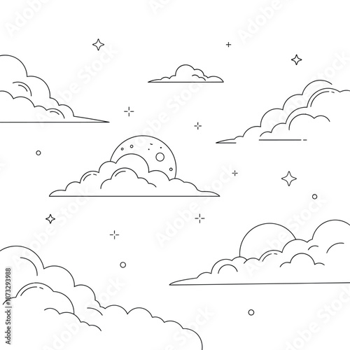 Vector illustration icon black and white illustration of various clouds and celestial elements on a white background with stars and moons