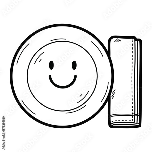 Smiley Plate and Napkin: An inviting black and white drawing that embodies the simple pleasure of mealtime, featuring a smiling plate and a neatly folded napkin.