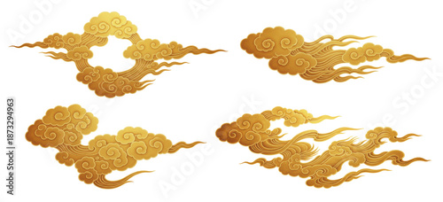 Golden Chinese Cloud Art Painting Set. Traditional oriental sky element with artistic texture for luxury decoration. Ancient auspicious symbol design for china festival or lunar new year background.