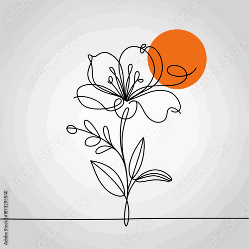A beautiful line art drawing of a flower paired with a vibrant orange circle, symbolizing serenity and nature's elegance in an artistic composition.