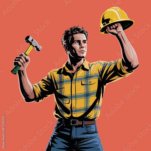 A dynamic illustration of a confident worker raising a hammer and hard hat, embodying strength, determination, and the spirit of construction and craftsmanship.