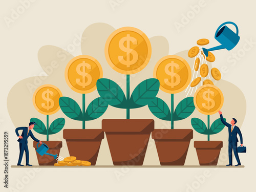 An insightful illustration of plants growing money coins, symbolizing financial growth, investment, and the nurturing of wealth, ideal for finance-related themes.