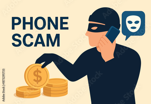 Phone scam, fraud or stealing money crime, cyber online safety hacking, thief with fake phone call or chat, illegal dishonesty concept, thief stealing money from mask talking on scam phone call.