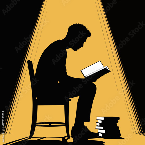 The image captures a silhouette of a person absorbed in a book under a focused beam of light, symbolizing the pursuit of knowledge and the transformative power of reading.