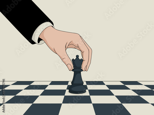 A tactical moment captured in this image reveals a hand moving a black chess queen, representing strategy, decision-making, and the intellectual aspect of the game.