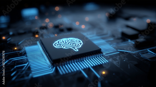 Glowing brain icon embedded in a microchip representing artificial intelligence neural computing and advanced digital processing systems.
