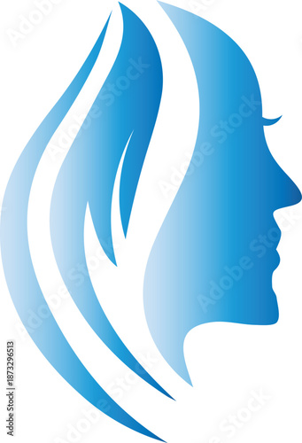 woman profile silhouette logo with flowing blue hair gradient modern beauty salon hair care brand design illustration and isolated on white background.