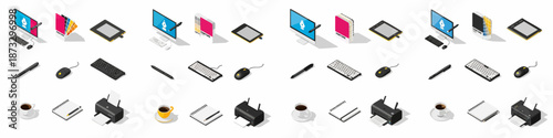Isometric graphic designer workspace elements set, featuring computer, color swatches, drawing tablet, input devices, printer, and coffee cup on white background.
