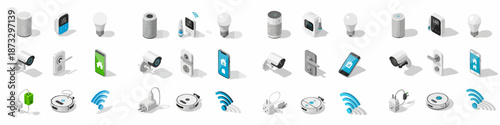 Comprehensive isometric smart home and IoT device collection featuring security cameras, robot vacuums, smart speakers, light bulbs, door locks, and wireless connectivity symbols.