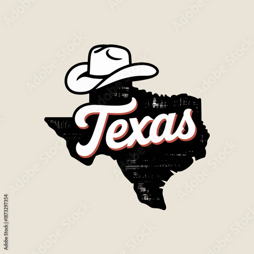 This graphic design showcases the word 'Texas' overlaying a map of Texas with a cowboy hat, celebrating Texan culture and identity in a bold, stylish manner.