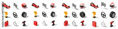 Isometric racing and pit stop equipment icons set, featuring formula one car, checkered flag, helmet, trophy, tire, and power tools on white.