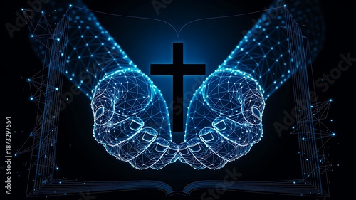 Digital handshake with cross symbol faith and technology unity
