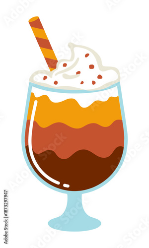 Layered dessert drink with whipped cream and wafer stick in a clear glass with blue stem