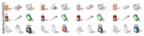 Isometric healthcare and medicine icons set featuring pills, pharmacy symbols, thermometer, doctor's coat, prescription, and weighing scales on white background.