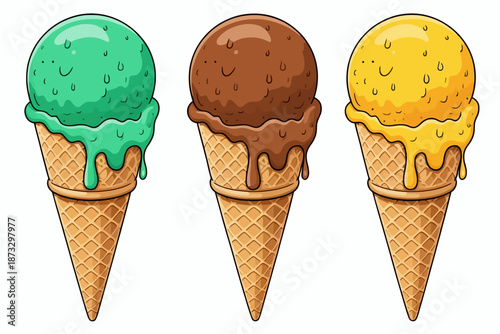 Melting ice cream cones with mint chocolate chip chocolate and lemon flavors