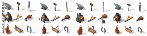 Isometric Blacksmithing and Forging Tools Set: Anvil, Forge, Hammer, Bellows, Tongs, Apron, Quenching Trough, and Horseshoe Collection.