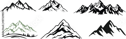 Mountain icon logo vector illustration for adventure outdoor sport graphic design. Black stone and landscape drawing, different shape of peak logo mountain icon silhouettes. Evergreen forest black